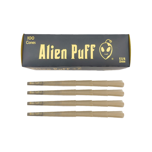 100 Alien Puff Black & Gold 1 1-4 Size Pre-Rolled Cones ( HP130 )