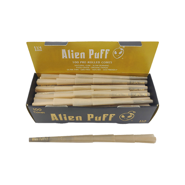 100 Alien Puff Black & Gold 1 1-4 Size Pre-Rolled Cones ( HP130 )